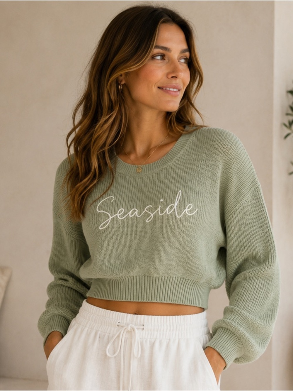 MABLE Seaside Sage Green Embroidered Cropped Sweater Size L
